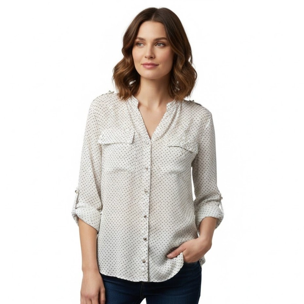 New Directions Blouse White‎ Black Polka Dot Button Up Tabbed Sleeve Epaulette